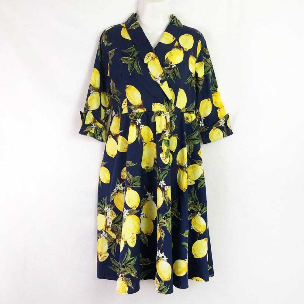 NWOT SUCREFAS Lemon Floral Navy Dress (M) Blue Retro Swing Fit & Flare - Picture 2 of 13